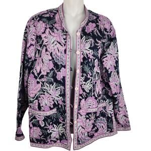 Appleseed’s Womens Reversible Quilted Floral Jacket Pink Black Medium Button Up